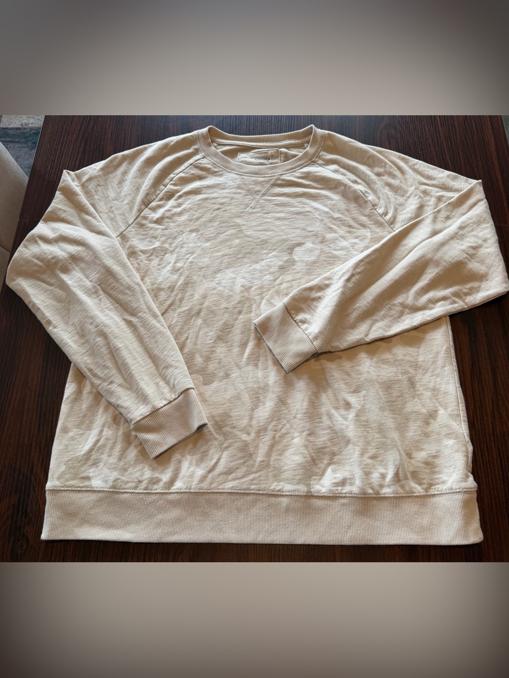 Sonoma Women’s Beige Tan Camo Raglan Crewneck Pullover Sweatshirt Top Size L